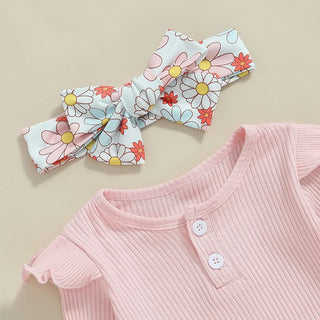 Baby Girls 3Pcs Fall Outfit Ruffle Ribbed Long Sleeve Romper Flower Flare Pants Tie Headband Set