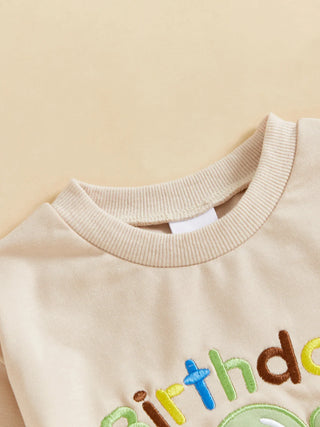 Baby Toddler Boy 2Pcs Birthday Boy Outfit Letter Ballon Embroidery Long Sleeve Pullover Crewneck Top Elastic Waist Solid Pants Jogger Set