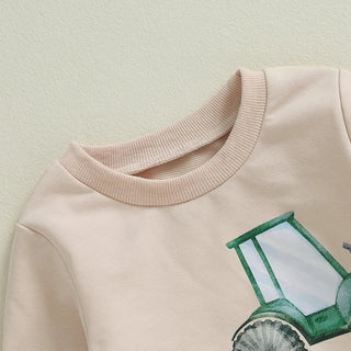 Baby Toddler Boys 2Pcs Big / Little Brother Matching Siblings Autumn Outfit Long Sleeve O Neck Letter Tractor Print Top Solid Color Pants Set