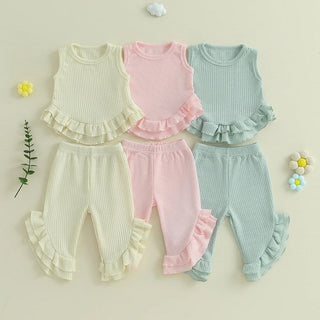 Baby Toddler Girl 2Pcs Summer Outfit Solid Waffle Round Neck Ruffled Tank Top with Long Pants Set