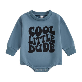 Baby Boy Cool Little Dude Bubble Romper Letter Print Round Neck Long Sleeve Casual Jumpsuit Bodysuit