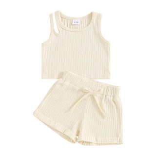Baby Toddler Girls 2Pcs Ribbed Tank Top Elastic Waistband Drawstring Shorts Matching Outfit Set