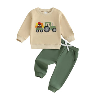 Baby Boy Fall Outfit Pumpkin Turkey Tractor Embroidery Long Sleeve Sweatshirt and Elastic Pants Clothes