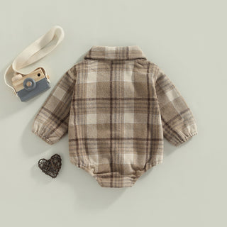 Plaid Baby Boy Long Sleeve Button Vintage Romper With Pocket