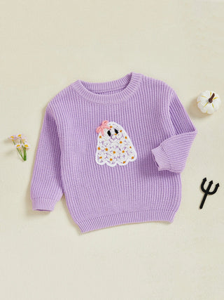 Baby Toddler Kids Girl Halloween Sweater Long Sleeve Round Neck Ghost Flower Embroidery Knit Pullover Top