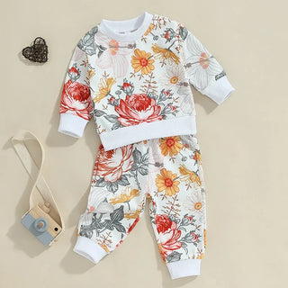 Baby Toddler Girls 2Pcs Fall Outfit Floral Flowers Print Long Sleeve Crewneck Top and Elastic Pants Set