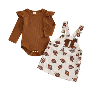 Baby Toddler Girls 2Pcs Fall Outfit Long Sleeve Romper + Football Print Overall Dress Set Clothes