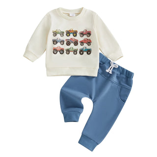 Baby Toddler Boys 2Pcs Fall Outfits Retro Truck Print Long Sleeve Sweatshirts and Long Pants Jogger Set