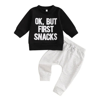 Baby Toddler Boys 2Pcs Ok But First Snacks Set Letter Print Long Sleeve Round Neck Top Drawstring Long Pants Autumn Outfit Set