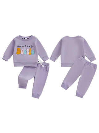 Baby Toddler Girls 2Pcs Auntie's Bestie Outfit Long Sleeve Crew Neck Embroidery Letter Top with Elastic Waist Pants Clothes Jogger Set