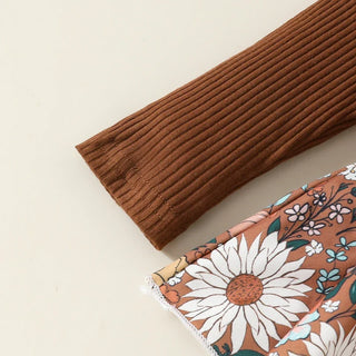 Baby Toddler Girls 2Pcs Fall Outfit Flower Print Ruffle Trim Long Sleeve Romper Dress Skirt Bow Headband Set