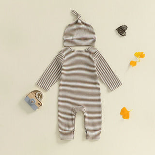 Baby Boys 2Pcs Autumn Striped Jumpsuit Long Sleeve Crewneck Letter Little Bro Embroidery Romper with Hat Set