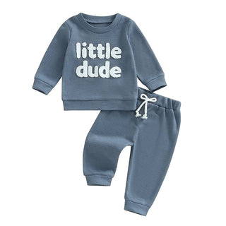 Baby Toddler Boys 2Pcs Little Dude Waffle Outfit Letter Embroidery Long Sleeve Top with Elastic Waist Solid Pants Set
