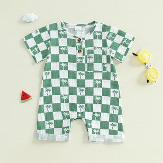 Baby Boy Romper Summer Short Sleeve Round Neck Checkered Tree Print Jumpsuit Playsuit