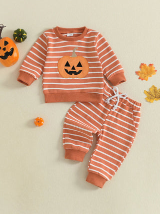 Baby Toddler Boys 2Pcs Halloween Outfit Stripe Pumpkin Embroidery Long Sleeve Top and Long Jogger Pants Clothes Set