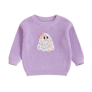 Baby Toddler Kids Girl Halloween Sweater Long Sleeve Round Neck Ghost Flower Embroidery Knit Pullover Top