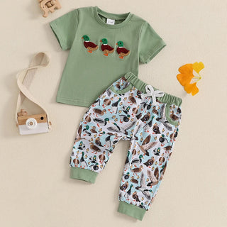Baby Toddler Boys 2Pcs Outfit Summer Spring Duck Embroidery Short Sleeve T-Shirt Top and Elastic Waist Jogger Pants Set