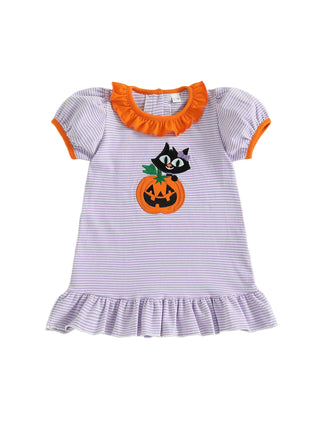 Baby Toddler Kids Girl Halloween Striped Dress Pumpkin Black Cat Embroidered Short Sleeve Ruffled Dress Cute Fall Clothes