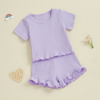 Baby Toddler Girls 2Pcs Ribbed Outfit Solid Color Short Sleeve T-Shirt Top Elastic Waist Ruffle Shorts Set