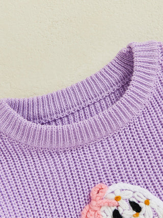 Baby Toddler Kids Girl Halloween Sweater Long Sleeve Round Neck Ghost Flower Embroidery Knit Pullover Top