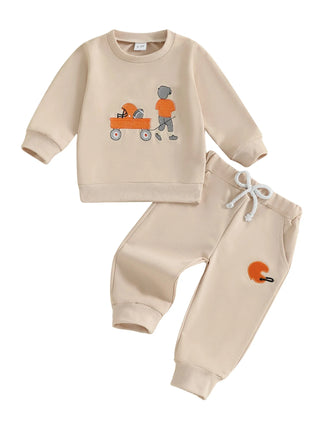 Baby Toddler Boys 2Pcs Autumn Long Sleeve Football Embroidery Top Drawstring Jogger Pants Set