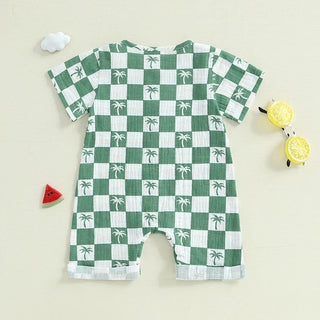 Baby Boy Romper Summer Short Sleeve Round Neck Checkered Tree Print Jumpsuit Playsuit