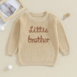 Baby Boys Sweater Letter Embroidery Little Brother Crew Neck Long Sleeve Pullover Top