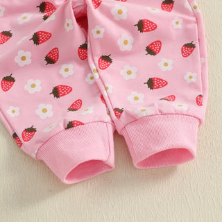Baby Toddler Girl 2Pcs Fall Outfit Strawberry Flower Print Crew Neck Long Sleeve Top with Jogger Pants Set