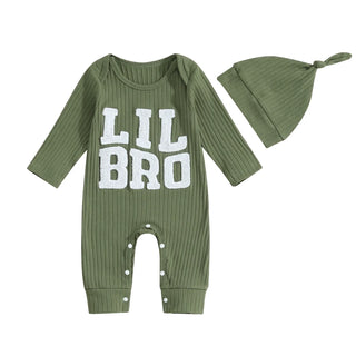 Baby Boy 2Pcs Lil Bro Jumpsuit and Hat Set Long Sleeve Round Neck Letter Print Ribbed Romper with Beanie Outfit