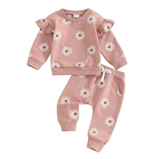 Baby Toddler Girls 2Pcs Fall Outfit Daisy Flower Print Long Sleeve Top with Elastic Waist Pants Set