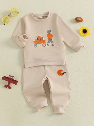 Baby Toddler Boys 2Pcs Autumn Long Sleeve Football Embroidery Top Drawstring Jogger Pants Set