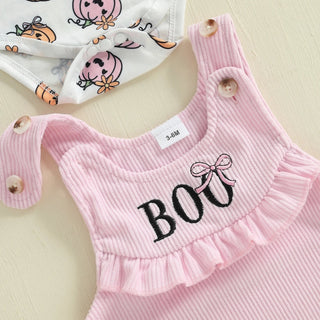 Baby Girls 3Pcs Halloween Outfit Pumpkin Print Long Sleeves Romper and Overall Tank Dress Bow Headband Set