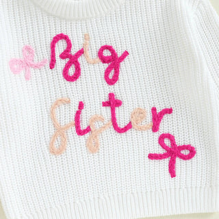 Baby Toddler Girls Lil/Big Sister Sweater Letter Bow Embroidery Crew Neck Long Sleeve Pullover Knit Top