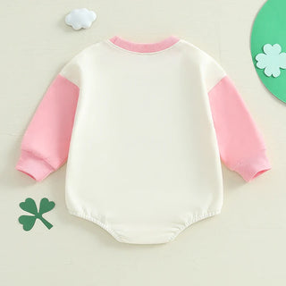 Baby Girls Lucky Girl Spring St. Patrick's Day Bubble Romper Long Sleeve Crewneck Shamrock Horseshoe Print Bodysuit