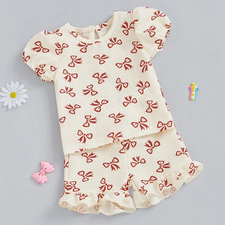 Baby Toddler Girls 2Pcs Summer Outfit Bow Pattern Crew Neck Short Sleeve T-Shirt Top with Ruffled Shorts Set