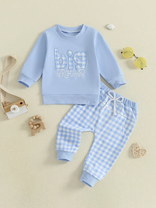 Baby Toddler Boys 2Pcs Fall Outfit Letter Embroidery Big Brother Long Sleeve Top and Elastic Plaid Pants Clothes