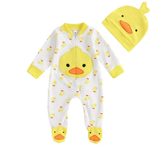 Baby Boys Girls 2Pcs Duck Outfit Long Sleeve Full Length Footed Jumpsuit Romper Duck Hat Set