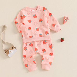 Baby Toddler Girls 2Pcs Fall Strawberry Print Outfit Long Sleeve Top Elastic Waist Pants with Pockets Set