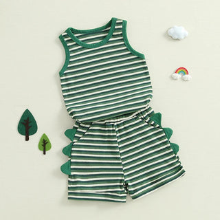 Baby Toddler Boys 2Pcs Striped Dinosaur Outfit O-Neck Sleeveless Tank Top Elastic Waist Shorts with Pockets Set
