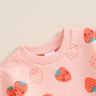 Baby Toddler Girls 2Pcs Fall Strawberry Print Outfit Long Sleeve Top Elastic Waist Pants with Pockets Set