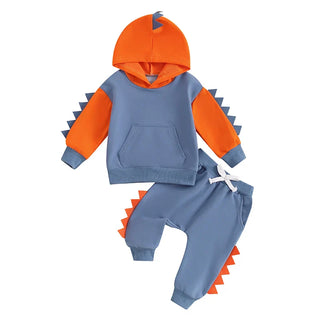 Baby Toddler Boys 2Pcs Dinosaur Outfit Contrast Color Long Sleeve Hoodie Top Elastic Waist Pants Set