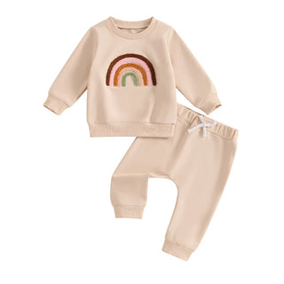 Baby Toddler Girls 2Pcs Outfit Embroidery Rainbow Long Sleeve Crew Neck Top with Elastic Waist Pants Set