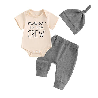 Baby Boy 3Pcs New To The Crew Outfit Letter Short Sleeve Romper with Solid Color Pants and Hat Set