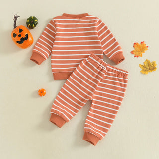 Baby Toddler Boys 2Pcs Halloween Outfit Stripe Pumpkin Embroidery Long Sleeve Top and Long Jogger Pants Clothes Set