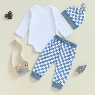 Baby Boys Girls 3Pcs Lil Bro / Sis Fall Outfit Letter Embroidery Long Sleeve Romper Checkered Print Pants Beanie Hat Set