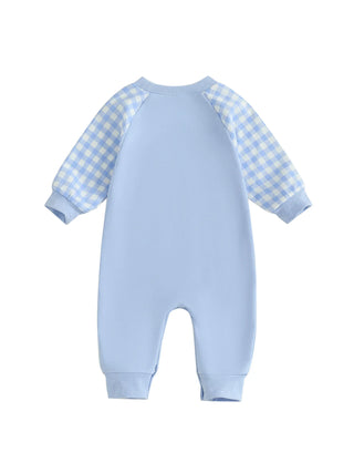 Baby Toddler Boy Lil Brother Fall Romper Plaid Print Letter Embroidery Long Sleeve Round Neck Full Length Jumpsuit