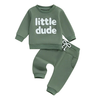Baby Toddler Boys 2Pcs Little Dude Fall Outfit Long Sleeve Letter Embroidery Top + Pocket Pants Set