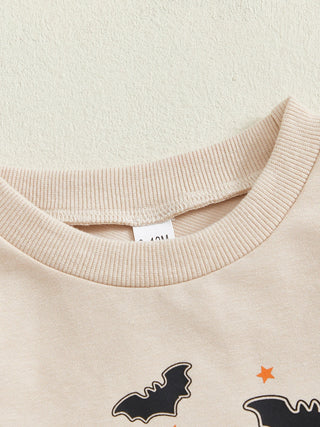 Baby Toddler Boys 2Pcs My First Halloween Outfit Letter Print Long Sleeve Top with Bat Embroidered Jogger Pants Set