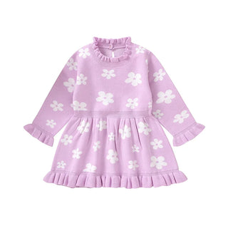 Baby Toddler Girl Long Sleeve Flower Floral Print Ruffle Sweater A-Line Dress