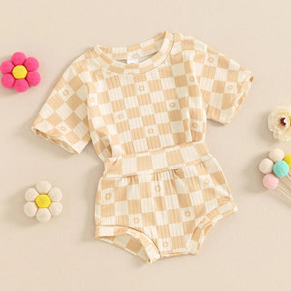 Baby Toddler Girls 2Pcs Summer Set Short Sleeve Checkerboard Flower Print Top Shorts Bloomers Outfit